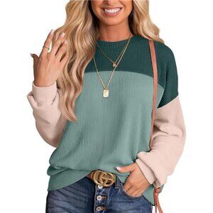 Womens Color Block Long Sleeve  Top - Knitted Ribbed Fashion Shirt